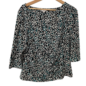PRECIS CHIC BLACK/WHITE/TEAL/PALE PINK JERSEY TOP WITH RUCHING DETAILS, LARGE